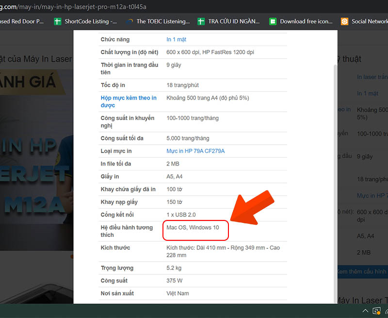 Th&ocirc;ng tin hệ điều h&agrave;nh tương th&iacute;ch với m&aacute;y in